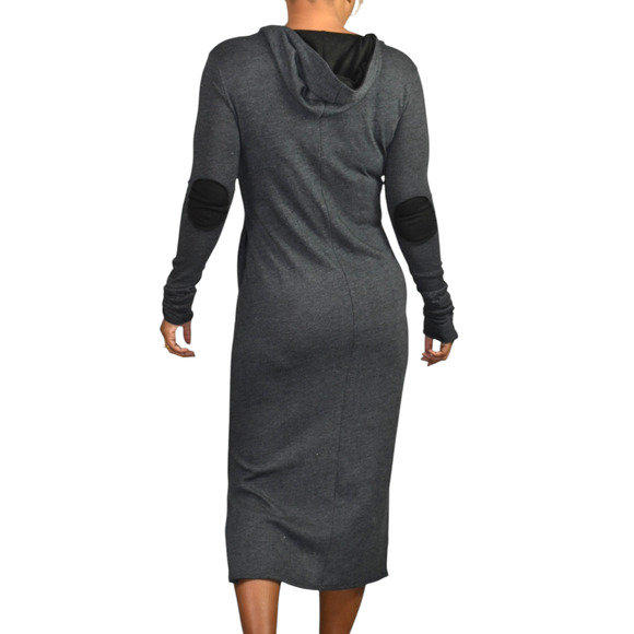 Noctex Henley Sweater Dress Grey Charcoal Wool Midi Hooded Pockets Side Slits XS - Picture 2 of 15